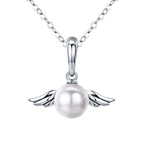 PEARLOVE Womens Pearl Pendant Necklace 7mm 925 Sterling Silver Angel Wings Necklace 18 +2  Women s Gift With Gift Box