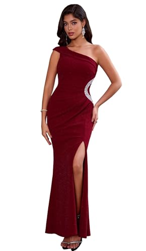 Angel Fashions Robe de soirée asymétrique pour Femme avec Ruban froncé, Bordeaux, 36