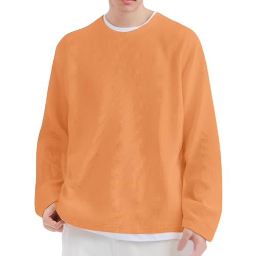 Sudaderas de cuello redondo para hombre, color contrastante, textura gofre, manga larga, casual, suéter de punto de gran tamaño, sudadera cálida para adolescentes, ropa de calle, naranja, L