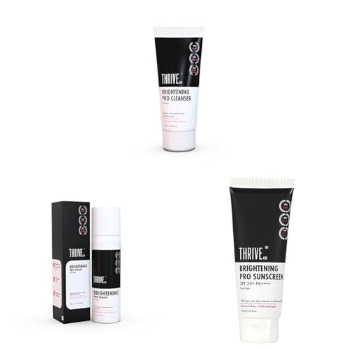 Image of ThriveCo Brightening PRO Complete Skincare Kit | Cleanser + Serum + Sunscreen SPF 50+ | With Kojic Acid, Vitamin C, Diacnemide, Glutathione & Rice Water | Brightens Skin, Fades Dark Spots| For Men