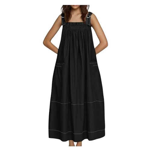 Summer Dress for Women Loose Adjustable Strap Big Pockets Work Jumper Dresses Midi Bib Overall Fashion Clothes Black