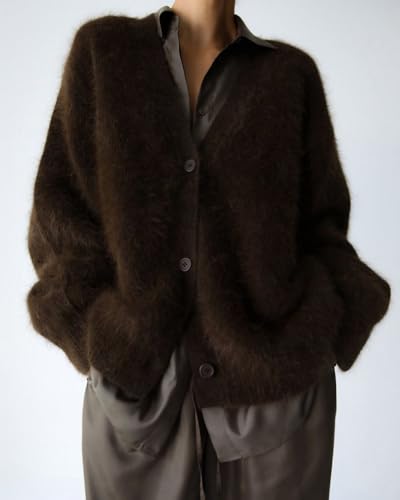 Womens Fuzzy Sweaters Cardigan V-Neck Button Down Oversized Mohair Sweater Casual Y2k 2025 Fall Winter2