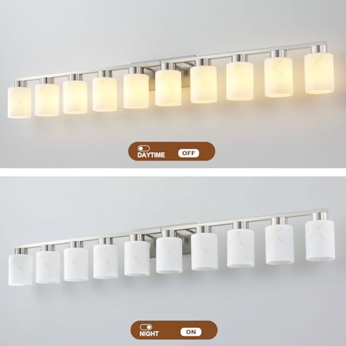 Image of 10-Light Bathroom Light Fixtures, Modern Vanity Lights, Brushed Nickel Metal Wall Lamp with White Marble Glass for Bathroom, Mirror, Living Room, Bedroom, Cabinet, Porch, Hallway, E26 Base