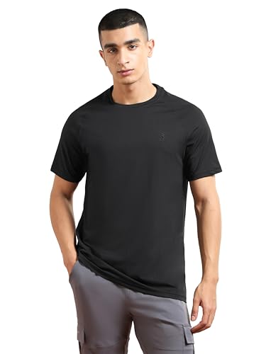 Image of TECHNOSPORT Men's Solid T-Shirt COTFLEX Quick Dry Slim Fit Round Neck Sports Tee for Gym Running Casual Wear UPF50+ Anti Odour
