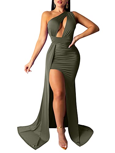Image of LAGSHIAN Women Sexy Elegant One Shoulder High Split Cutout Long Evening Dress