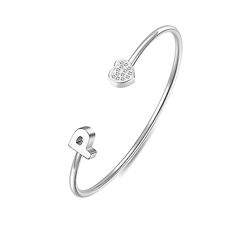 Image of VQYSKO Heart Initial Cuff Bracelets for Woman-CZ Stainless Steel Adjustable Open Bracelet Woman Jewellery,Birthday Gifts for Woman