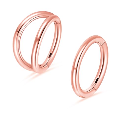 2Pcs Titanium Nose Rings Hoop 16G 10mm Double Hoop Nose Earring Rose Gold Cartilage Helix Daith Rook Piercing Jewelry 16 Gauge Hinged Single Septum Clicker Nose Rings for Women Men