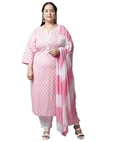 Rajnandini Women's Pure Cambric Cotton Embroidered Plus Size Kurta Set with Dupatta (JOPLVL238X-3XL_Pink & White_3XL)