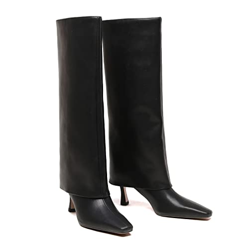 Kluolandi Women's Stiletto High Heel Knee High Boots Pointed Toe Fold Over Boots for Women Knee High Dress Shoes3