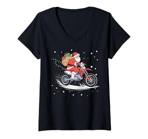 Femme Funny Xmas Motocross Père Noël Dirt Bike Noël T-Shirt avec Col en V