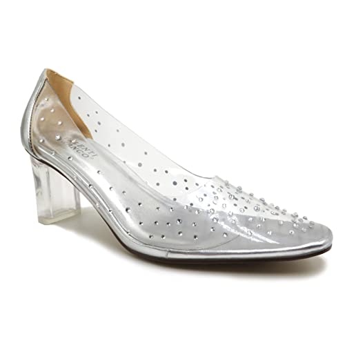 Women's Clear Rhinestone Low Block Heel Pump Shoes