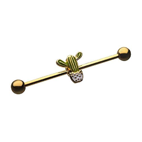 Pierced Owl Gold Plated Cactus Stainless Steel Industrial Barbell