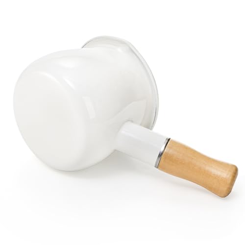 DEAYOU Enamel Milk Pot, 530ml/18oz Mini Butter Warmer Saucepan with Insulated Wooden Handle and Dual Pour Spout, Nonstick Small Soup Pot for Stove Top, Home, Kitchen, Cooking, Heating, Boiling, - Image 4