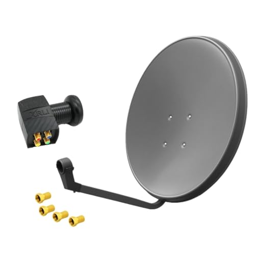 60cm HD Sat Anlage Quad LNB + 4 F-Stecker Digital 4 Teilnehmer Antenne Grau UHD 4K