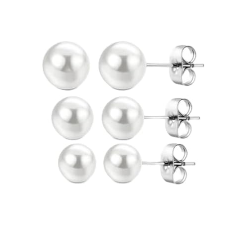 PACK 3 PARES PENDIENTES PERLAS   3 tamaños distintos (4mm/6mm/8mm). Pendientes de acero inoxidable hipoalergénicos. Pendiente de perla. Pendientes para mujer.