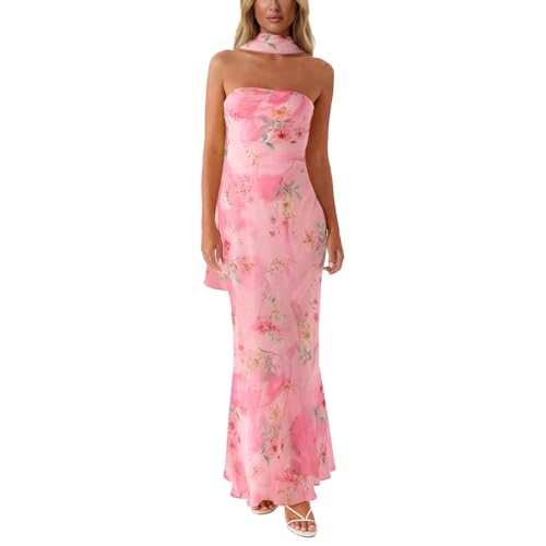 Women Floral Tube Maxi Dress with Scarf Summer Strapless Tube Bodycon Mesh Layer Cocktail Party Wedding Guest Dress (US Alpha X-Small Regular Regular A Pink)