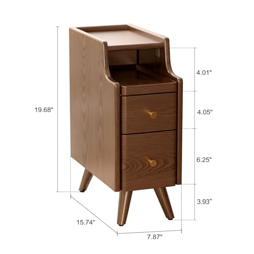 Image of AQIMUELE Small Nightstand with Drawers, Solid Wood Bedside Table, Narrow Walnut Nightstand for Bedroom