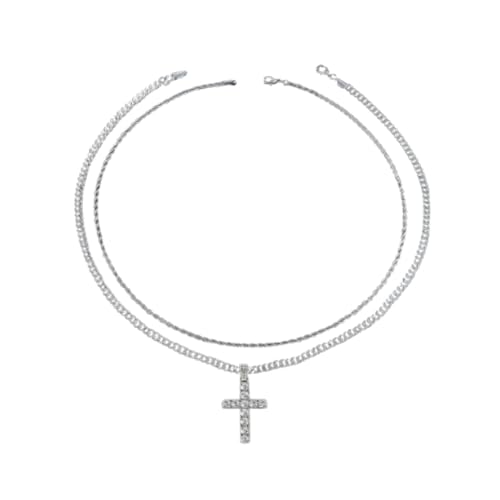 QKCQQTS Collar con colgante de cruz de circonita pavimentada en capas para mujer, colgante de cruz cristiana, para mujeres y hombres, regalos diarios (Silver)