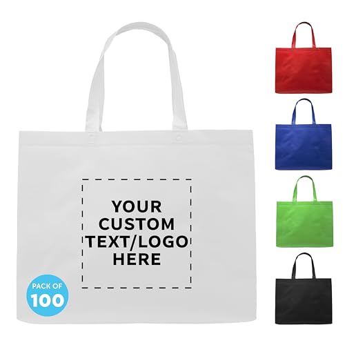 DISCOUNT PROMOS Custom Jumbo Sized Tote Bags Set of 100, Personalized Bulk Pack - Reusable Grocery Bags, Shopping Bags, Promotional Item Totes for Women - White