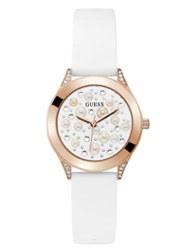 GUESS Montre Tendance pour Femme en Cristal 36 mm, Blanc/Ton Or Rose/Blanc, Taille Unique, Perle