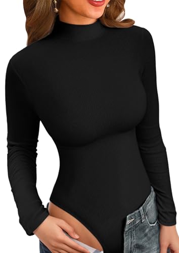 VICHYIE Damen Langarm Bodysuit, Eleganter Hoher Kragen, Enganliegender Basic-Style, Ideal als Unterhemd-Layer,Schwarz,M