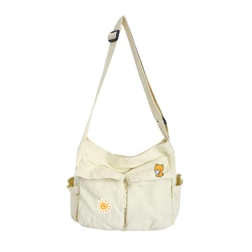 Bolsa carteiro transversal de lona vintage com vários bolsos e fecho de , ideal para escola, Branco, Medium