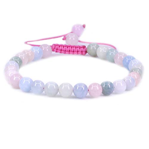 Natural Pink Morganite Beryl Aquamarine Crystal 6mm Round Beads Adjustable Braided Macrame Tassels Bracelets Unisex