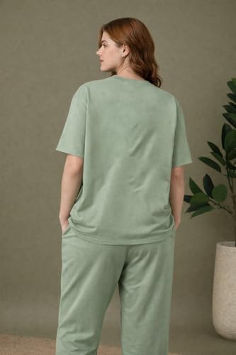 Image of Kvetoo Women Solid Tracksuit Set Cotton Lounge Wear Set Half Sleeve Polo T-Shirt & Straight Pant Casual Travel Outfit