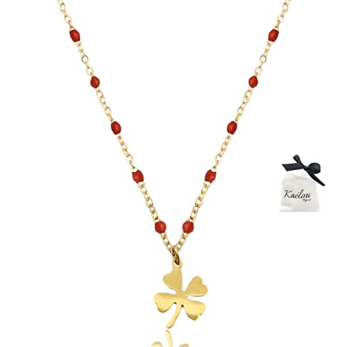 Collier Femme Pendentif Trèfle Chaîne en Acier Inoxydable Doré Or Artisanal Perles Porte Bonheur Fait Main Trèfle à 4 Feuilles Anniversaire Noel(Rouge 55 à 60 cm)