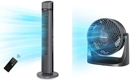 Bundle of PELONIS 40''Oscillating Tower Fan | Remote Control | |3 Speed Settings | 3 Modes | 15-Hour Timer | Black + PELONI 3 Speed Air Circulator Fan – Table Top Fan with 7-inch Blade –Black