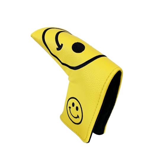 ゴルフ ヘッドカバー パターカバー マレット用 センターシャフト用 小型 ピンタイプ マグネット式 オデッセイ2ボール テーラーメイド スパイダーパターに対応 ニコちゃんマーク 刺繍 スマイル (ピンタイプ, 黄)