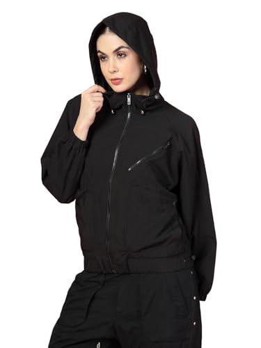 Image of CHKOKKO Womens Stylish Oversized Windcheater Jacket with Zip Closure Lightweight Sportswear for Running Travel Hiking Outdoor and Rainy Season Wear Black L
