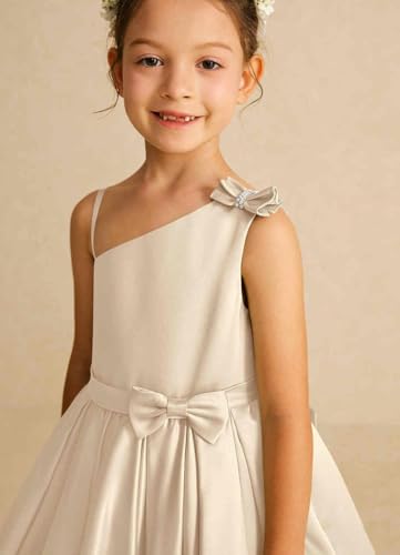 A-Line One Shoulder Spaghetti Strap Satin Flower Girl Dress Tea-Length Tulle Junior Bridesmaid Dress with Bows4