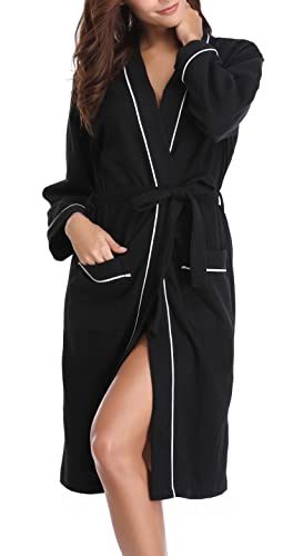 Vlazom Waffle Dressing Gowns Unisex Kimono Robe Cotton Lightweight Bathrobe for All Seasons Spa Hotel Sleepwear, Black-style a, L