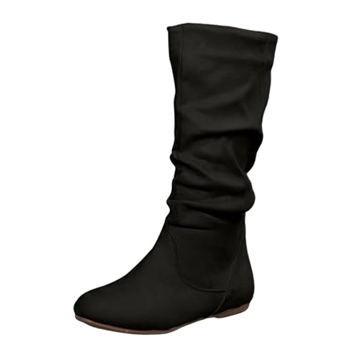 Women's Slouchy Faux Suede Leather Mid Calf Flats Boots Pull On Round Toe Flat Heel Fall Weather Winter Boots