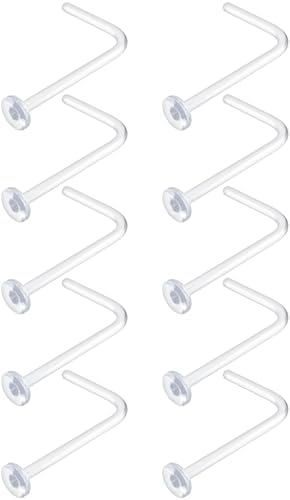 20g Clear Nose Ring Retainer Bioflex L Shape Nose Rings Studs - Plastic Retainers Flat Top Clear Nose Studs 20 Gauge (0.8mm) 10pcs, Plastic, no gemstone