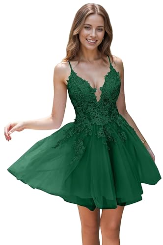 Homecoming Dress Short 2025 Tulle Spaghetti Straps V-Neck A-Line Lace Appliques Prom Dresses for Teens