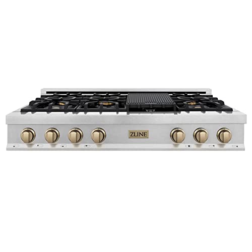 Zline Kitchen And Bath RTSZ-48-CB Zline Autograph Edition 48 Inch Porcelain Rangetop With 7 Gas Burners In Fingerprint Resistant Stainless Steel And Champagne Bronze Accents thumb #1