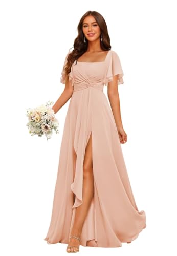 Women's Chiffon Bridesmaid Dress with Pockets 2025 Short Sleeves Pleated Aline Formal Evening Dresses with Slit DE418