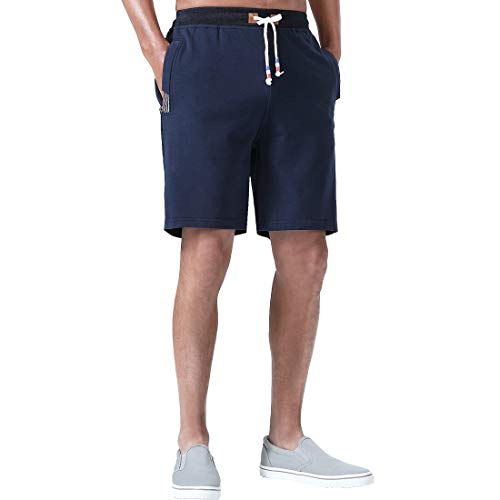 FoxQ Short masculino com bolsos com zíper, solto, casual, esportivo, cintura elástica, cordão, Azul
