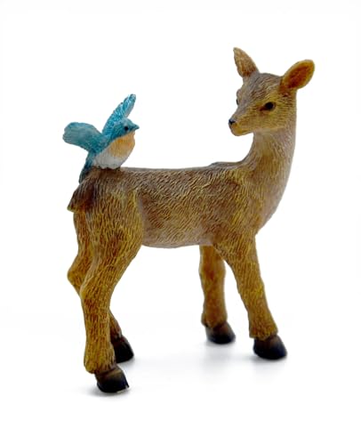 Marshall Home & Garden Robin Bird Landing on Deer - Brown Resin Miniature Figurine for Fairy Garden, 4 x 1 Inch, MG476