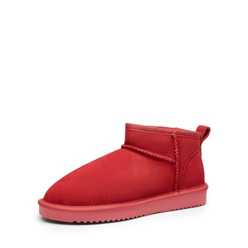 DREAM PAIRS Ankle Winter Mini Boots for Women Genuine Suede Faux Fur Lining Water Resistant Warm Snow Boots Slip On Memory Foam Comfort Booties FuzzyClassic 5 Red