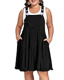 Moon Wood Plus Size Overall Dress for Women Adjustable Straps Lace Trim Jumper Dress with Pockets Tiered Mini Dress