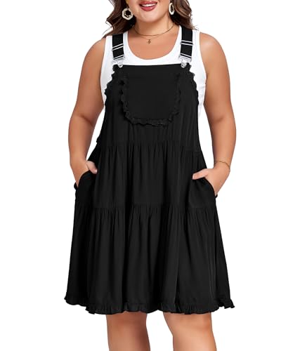Image of Moon Wood Plus Size Overall Dress for Women Adjustable Straps Lace Trim Jumper Dress with Pockets Tiered Mini Dress