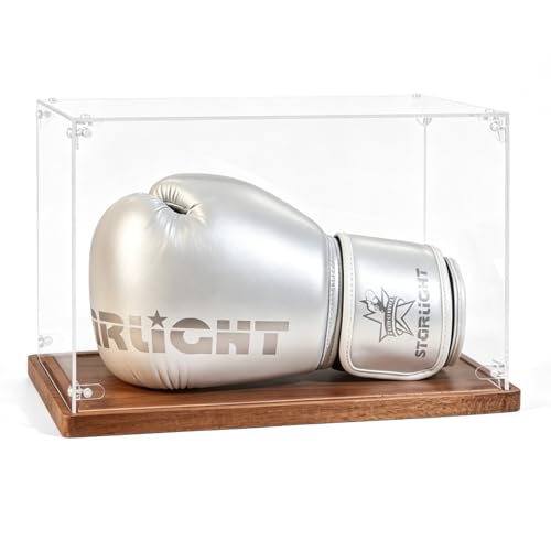 DFANG Boxing Glove Display Case Clear Acrylic Showcase with Wood Base Plank for Single Glove Full Size UV Protection Souvenirs and Collectibles Box Ideal Gift for Boxing Fans Athlete