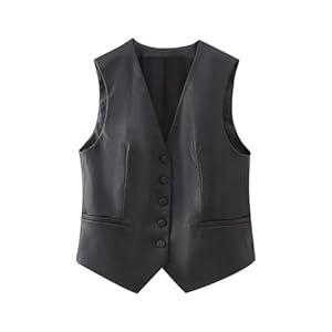 KWTF Gilet en Faux Cuir pour Femmes, Bouton Avant, Vintage, col en V, sans Manches, vêtements de Dessus pour Femmes, Chic, Hauts