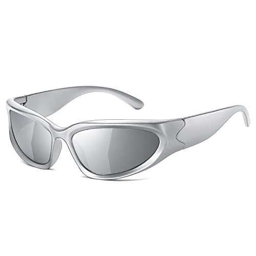 JASPIN Y2K Wrap Around Sunglasses for Women Men Sliver Oval Fashion Trendy Sport Shades UV Protection Eyeglasses