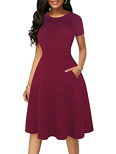 Image of oxiuly Women Casual Dress Round Neck Soft Cotton Floral A-Line Midi Summer Dresses with Pockets OX262