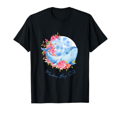 Monterey-Bay, CA Watercolor Whale and Rose Flowers T-Shirt