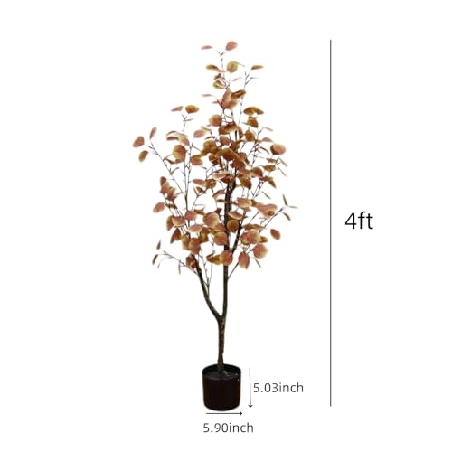 GarveeHome 4FT Artificial Eucalyptus Tree, Tall Faux Eucalyptus Stems Fake Plants with Plastic Pot Realistic Autumn Leaves for Home Living Room Indoor Outdoor Porch Front Door Decor